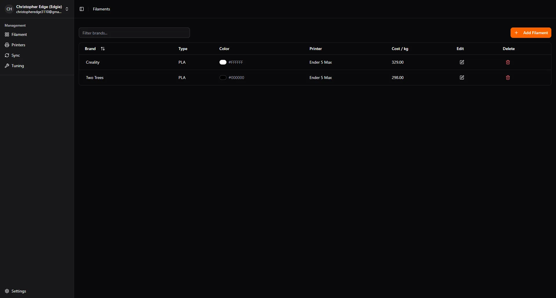 A screenshot from the SpoolSync app